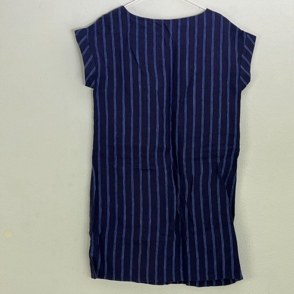 Tahari Womens Small Navy Blue Striped 100% Linen Shift Dress Cap Sleeve Casual - Picture 2 of 6